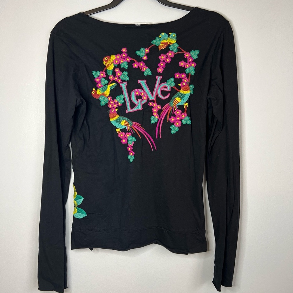 Johnny Was Black Long Sleeve Tee with Pink & Green Floral Embroidery - Picture 3 of 5